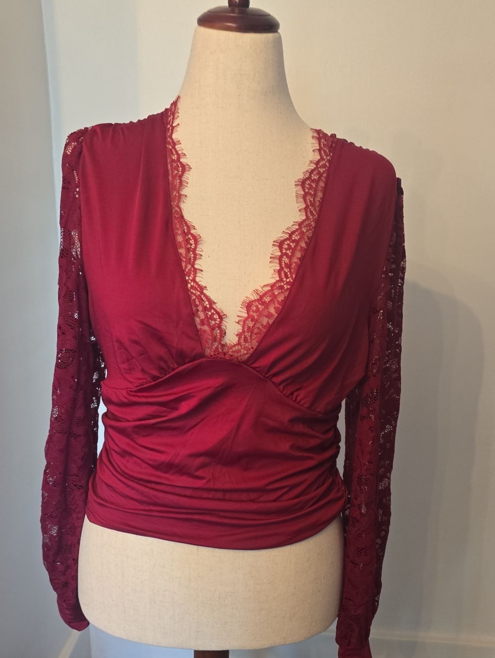 SHEIN Burgundy Lace-Trim V-Neck Top